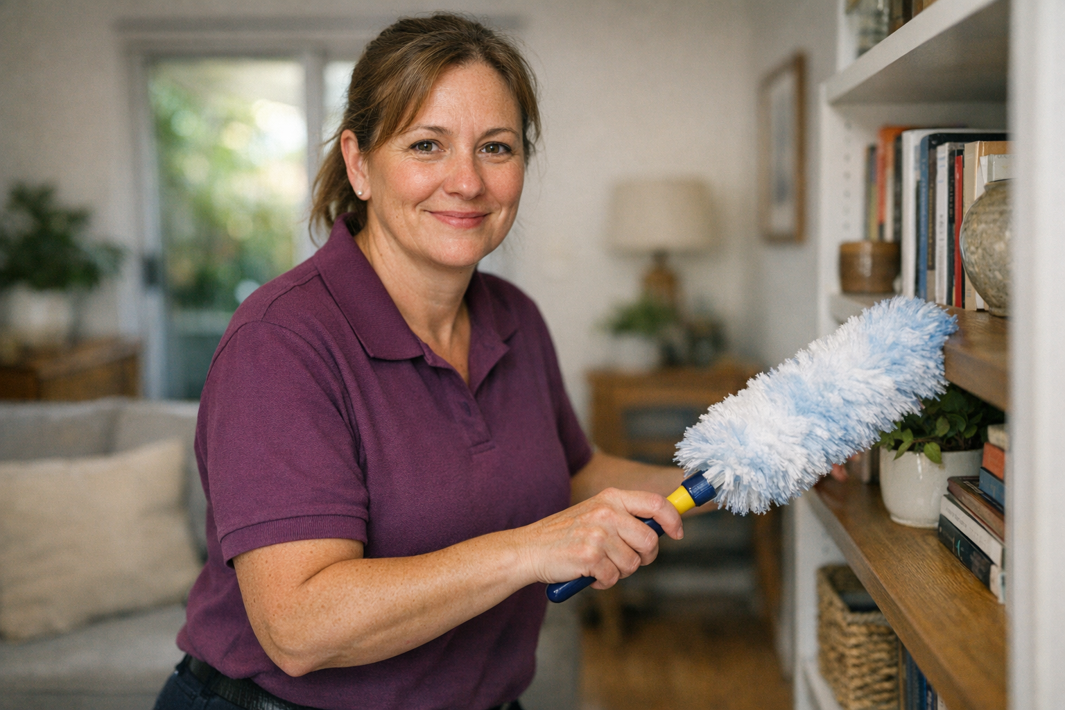 NDIS cleaning Perth – cleaner dusting a bookshelf in a Perth living room